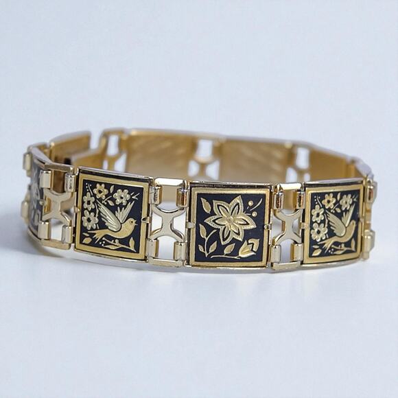 Vintage Damascene Square Link Bracelet Bird Floral Gold Black 8" Etched Spain - Picture 8 of 9